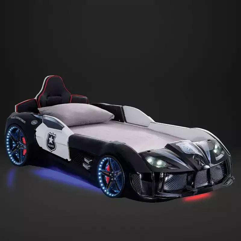 Lit d'enfant voiture de police double avec lumières LED et son Noir/Blanc