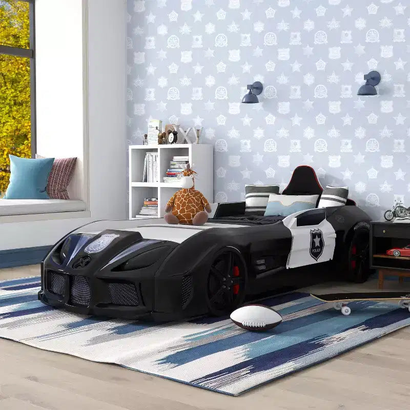 Lit d'enfant voiture de police double avec lumières LED et son Noir/Blanc