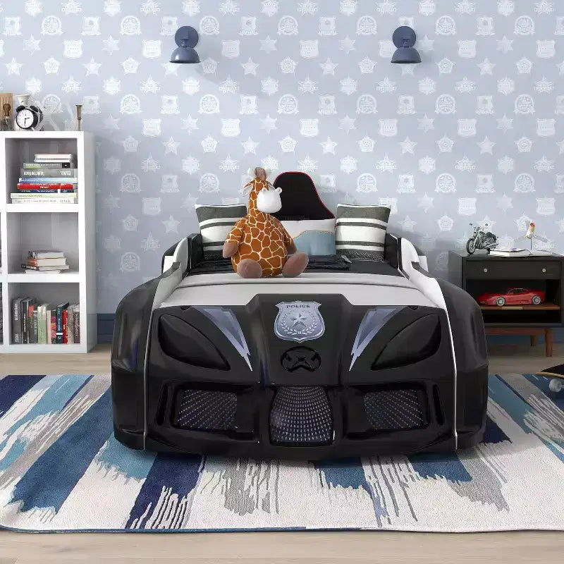 Lit d'enfant voiture de police double avec lumières LED et son Noir/Blanc