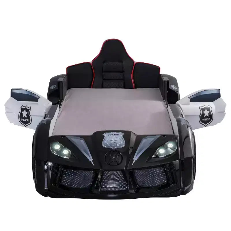 Lit d'enfant voiture de police double avec lumières LED et son Noir/Blanc