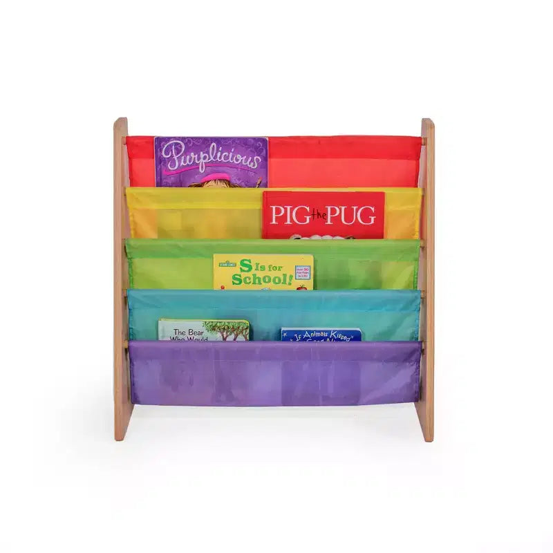 Étagère de rangement 4 niveaux pour livres d'enfants Naturel/Arc-en-ciel : Étagère à livres en tissu, Présentoir pour tout-petits