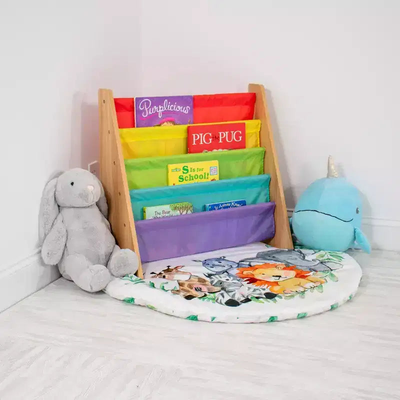 Étagère de rangement 4 niveaux pour livres d'enfants Naturel/Arc-en-ciel : Étagère à livres en tissu, Présentoir pour tout-petits