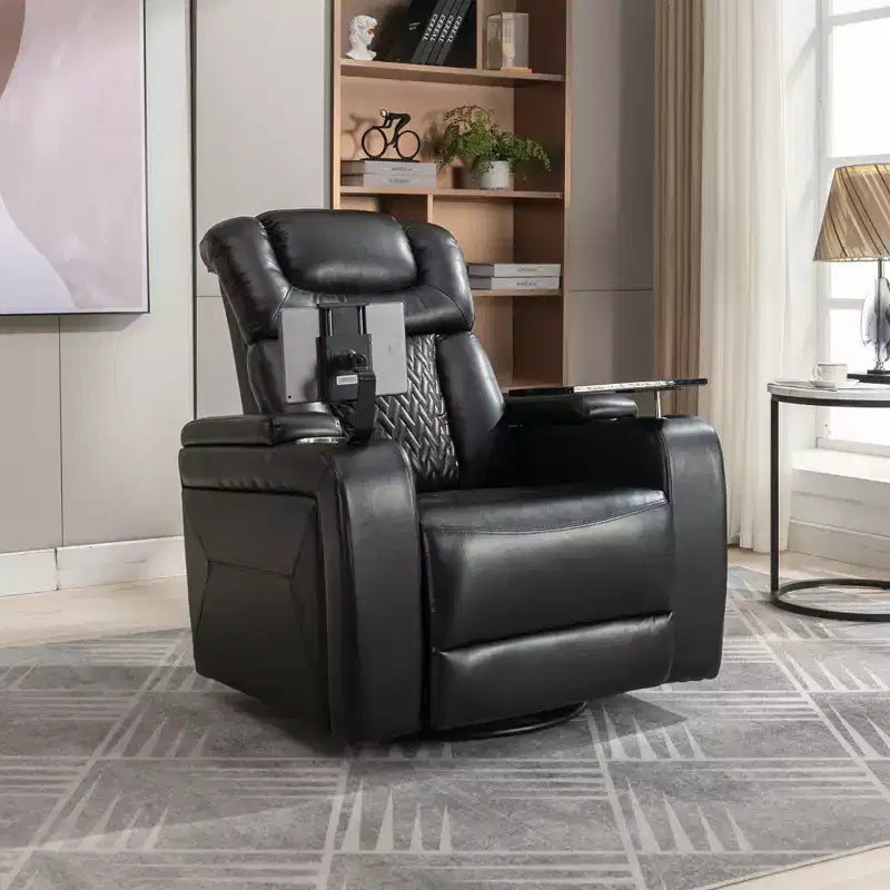 Fauteuil inclinable électrique pivotant 270° en similicuir avec tablette, support de téléphone, port USB et fonction bascule pour un confort home cinéma