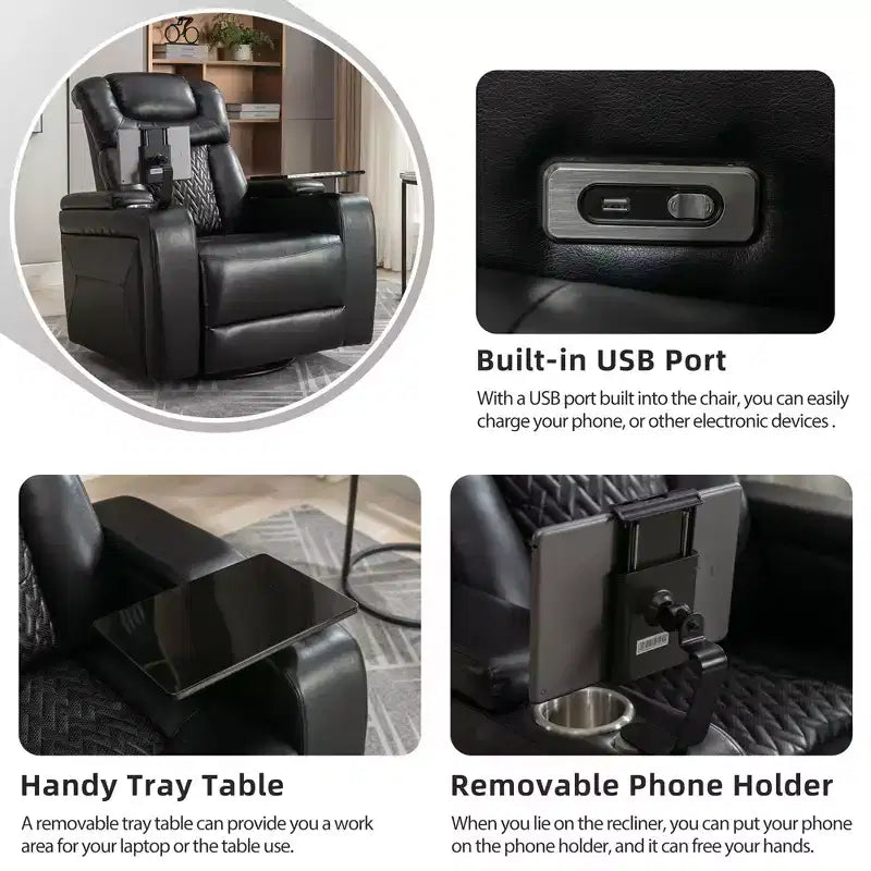 Fauteuil inclinable électrique pivotant 270° en similicuir avec tablette, support de téléphone, port USB et fonction bascule pour un confort home cinéma