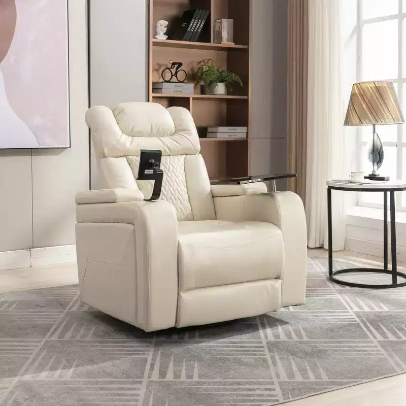 Fauteuil inclinable électrique pivotant 270° en similicuir avec tablette, support de téléphone, port USB et fonction bascule pour un confort home cinéma