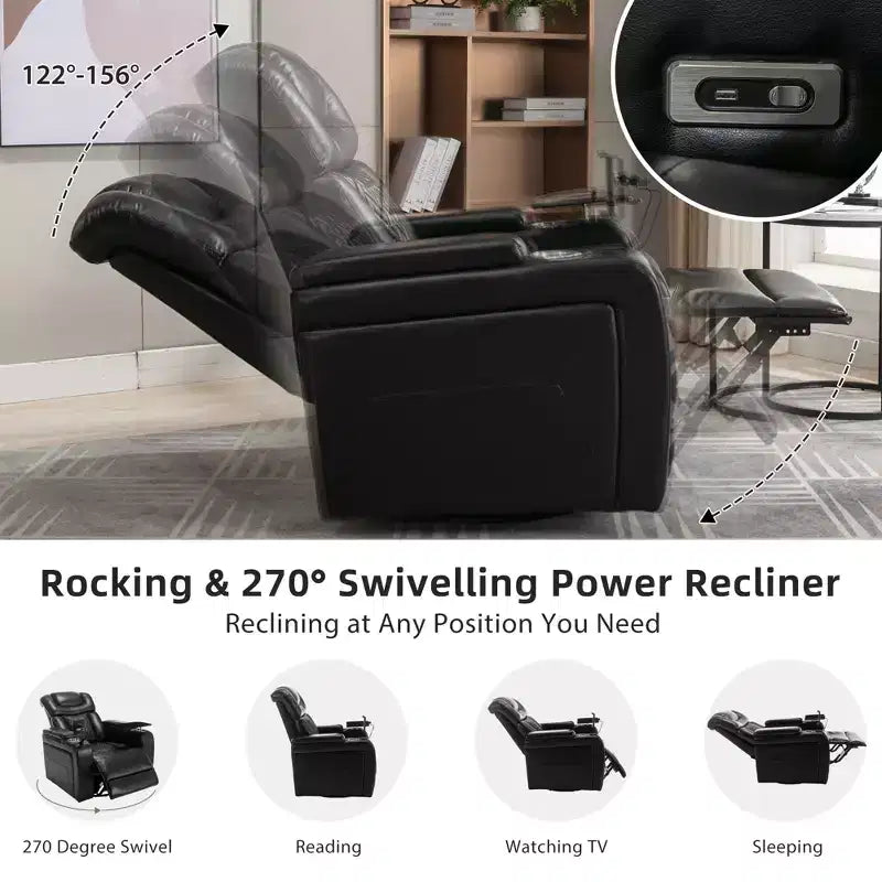 Fauteuil inclinable électrique pivotant 270° en similicuir avec tablette, support de téléphone, port USB et fonction bascule pour un confort home cinéma