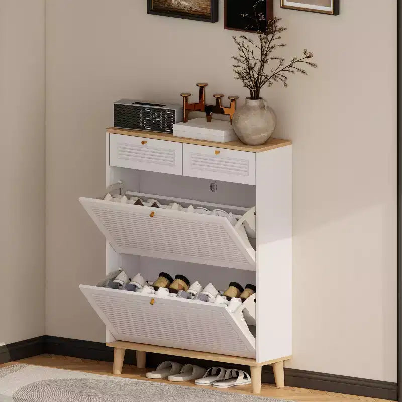 Meuble à Chaussures avec 2 Tiroirs Basculants, Meuble à Chaussures Étroit et Discret, Organisateur de Chaussures Autonome pour Couloir, Salon, Appartement