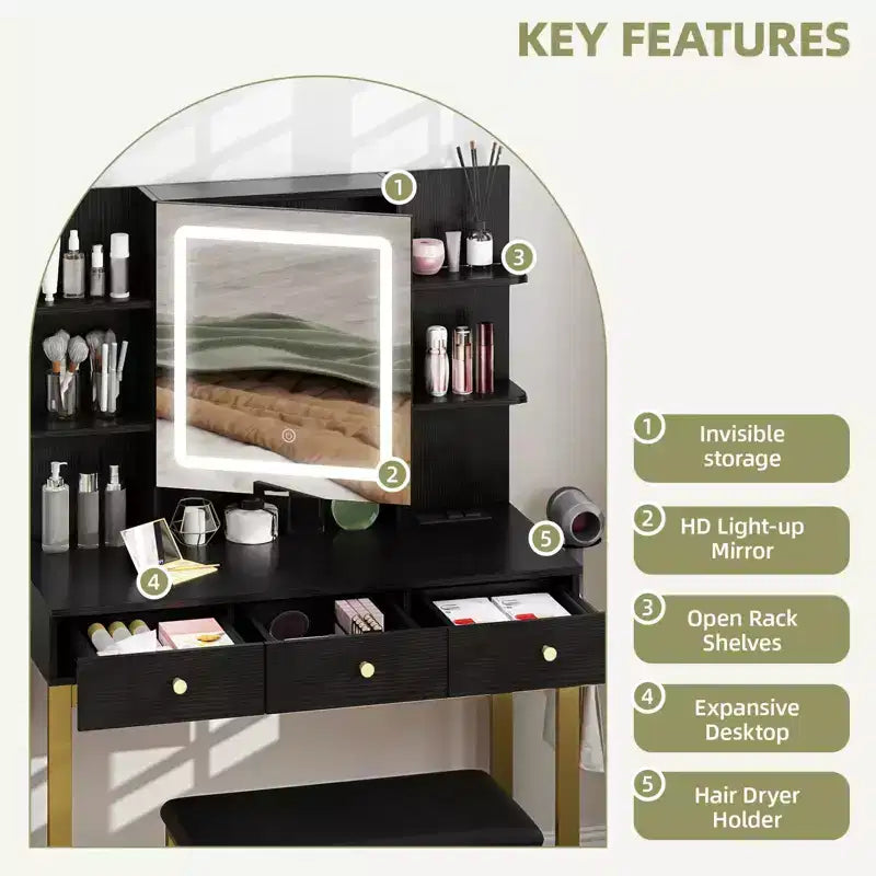 Coiffeuse avec miroir LED lumineux, 3 tiroirs de rangement et hub d'alimentation