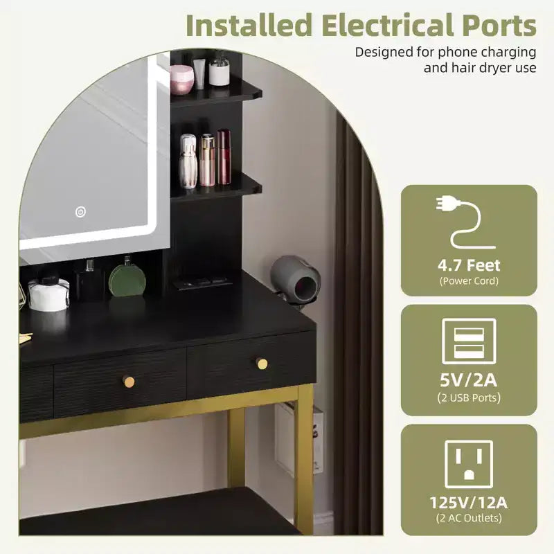 Coiffeuse avec miroir LED lumineux, 3 tiroirs de rangement et hub d'alimentation