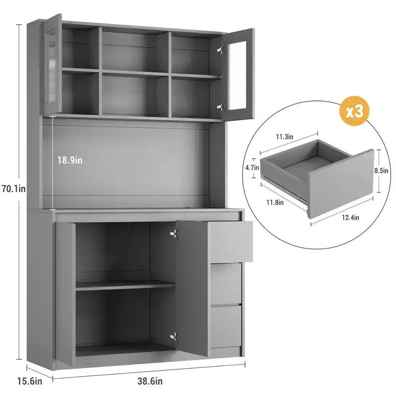 Garde-manger haut de cuisine de 71 po avec lumières LED et station de charge, armoire de garde-manger d'angle réglable avec étagère pour micro-ondes