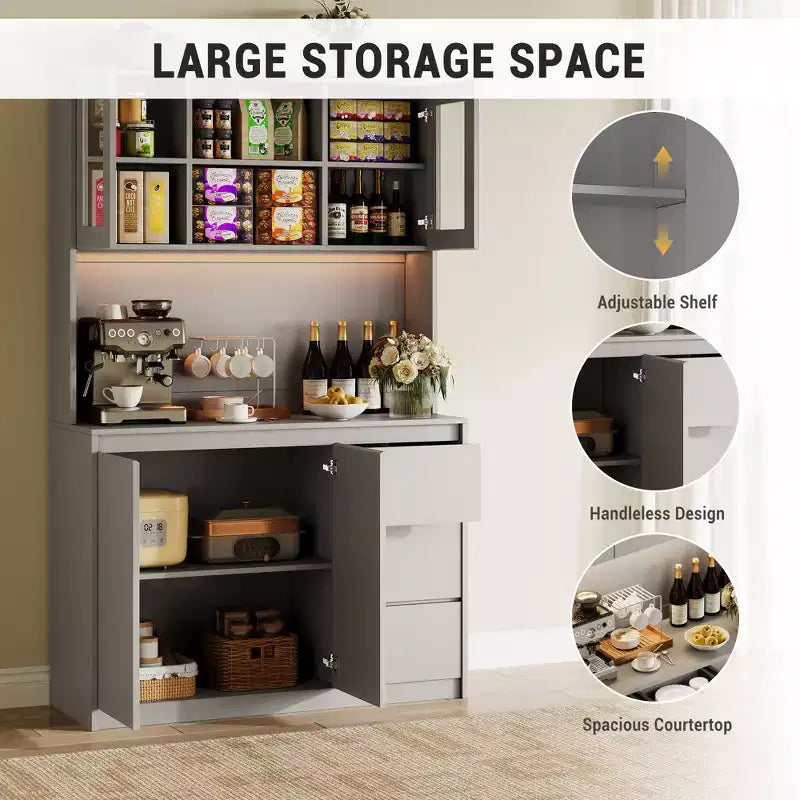 Garde-manger haut de cuisine de 71 po avec lumières LED et station de charge, armoire de garde-manger d'angle réglable avec étagère pour micro-ondes