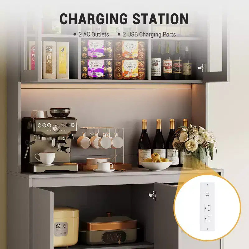 Garde-manger haut de cuisine de 71 po avec lumières LED et station de charge, armoire de garde-manger d'angle réglable avec étagère pour micro-ondes