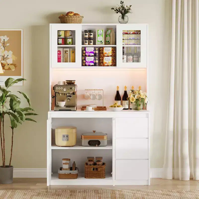 Garde-manger haut de cuisine de 71 po avec lumières LED et station de charge, armoire de garde-manger d'angle réglable avec étagère pour micro-ondes