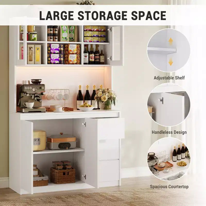 Garde-manger haut de cuisine de 71 po avec lumières LED et station de charge, armoire de garde-manger d'angle réglable avec étagère pour micro-ondes
