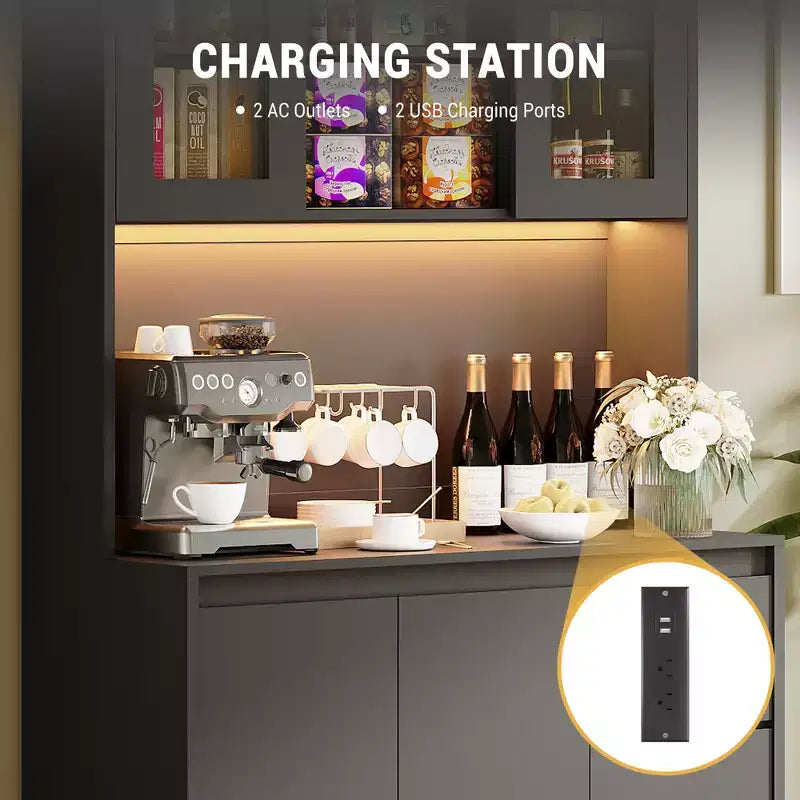 Garde-manger haut de cuisine de 71 po avec lumières LED et station de charge, armoire de garde-manger d'angle réglable avec étagère pour micro-ondes