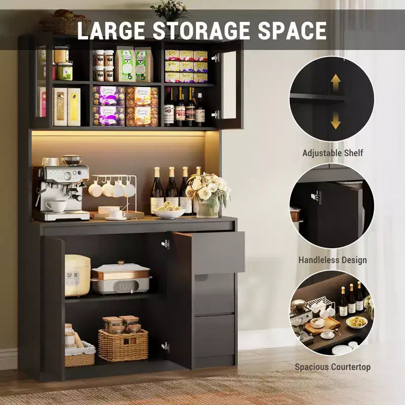 Garde-manger haut de cuisine de 71 po avec lumières LED et station de charge, armoire de garde-manger d'angle réglable avec étagère pour micro-ondes