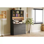 Garde-manger haut de cuisine de 71 po avec lumières LED et station de charge, armoire de garde-manger d'angle réglable avec étagère pour micro-ondes