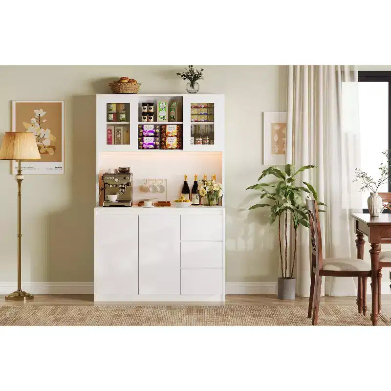 Garde-manger haut de cuisine de 71 po avec lumières LED et station de charge, armoire de garde-manger d'angle réglable avec étagère pour micro-ondes