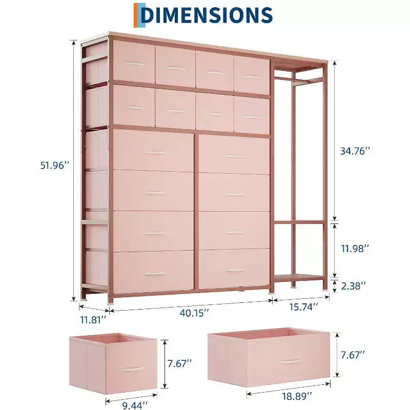 Portant à Vêtements avec 16 Tiroirs en Tissu et 2 Étagères de Rangement, Organisateur de Placard Autonome pour Vêtements Suspendus, Penderie Robuste