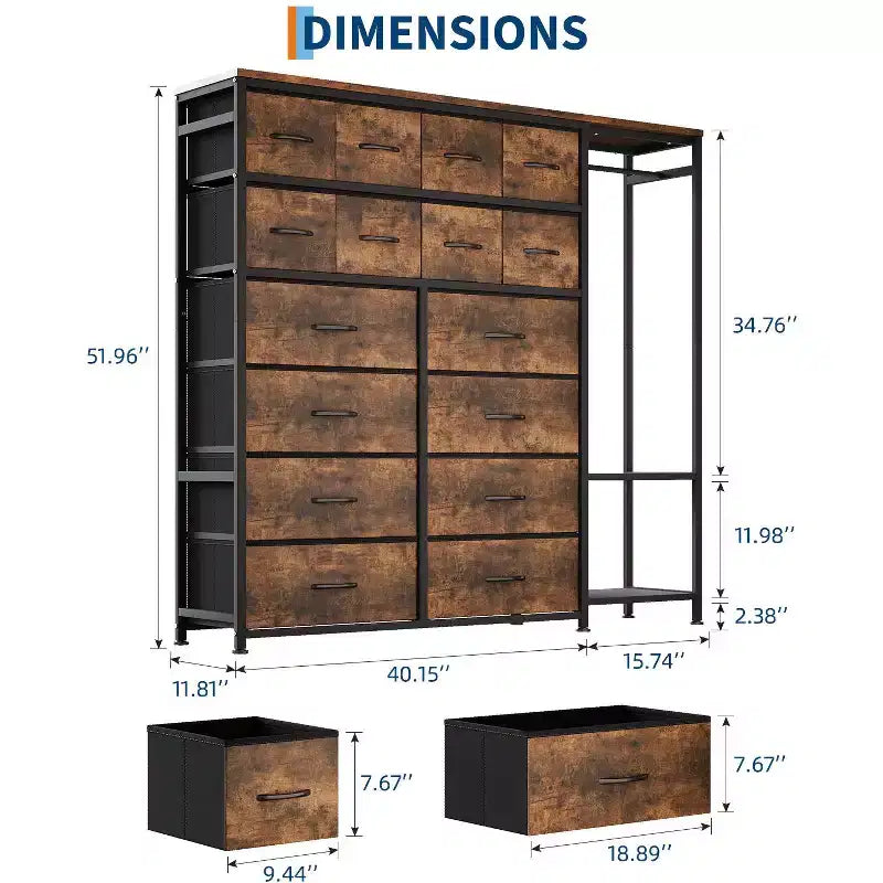 Portant à Vêtements avec 16 Tiroirs en Tissu et 2 Étagères de Rangement, Organisateur de Placard Autonome pour Vêtements Suspendus, Penderie Robuste