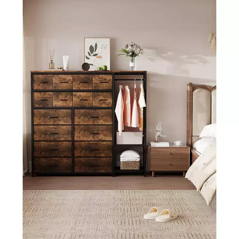 Portant à Vêtements avec 16 Tiroirs en Tissu et 2 Étagères de Rangement, Organisateur de Placard Autonome pour Vêtements Suspendus, Penderie Robuste
