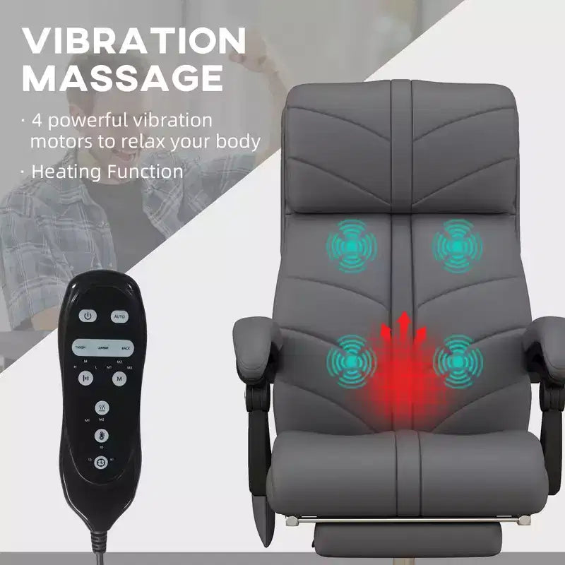 Fauteuil de bureau de massage exécutif avec 4 vibrations et chaleur, chaise croisée avec hauteur réglable, chaise pivotante à 360° pour la maison, le bureau, gris