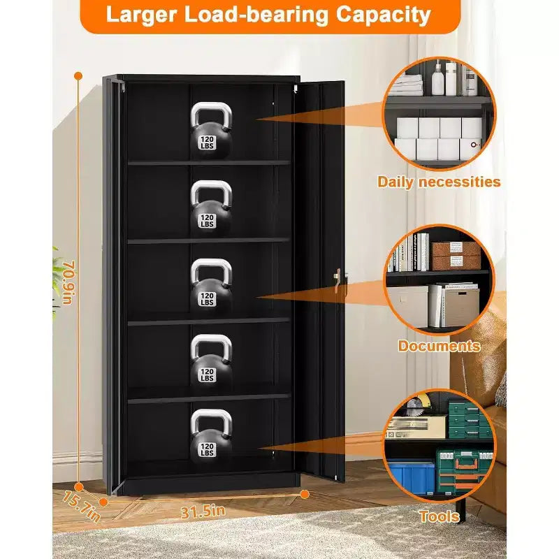 Armoire de rangement métallique avec serrure, armoire à outils en acier de 71 pouces avec étagères réglables pour garage et bureau
