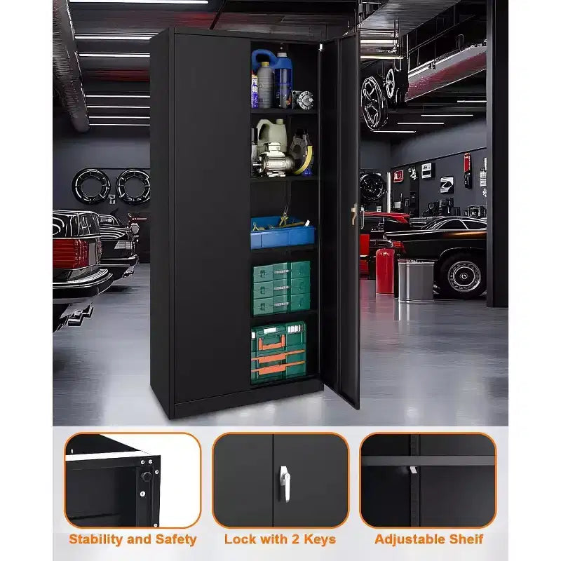 Armoire de rangement métallique avec serrure, armoire à outils en acier de 71 pouces avec étagères réglables pour garage et bureau