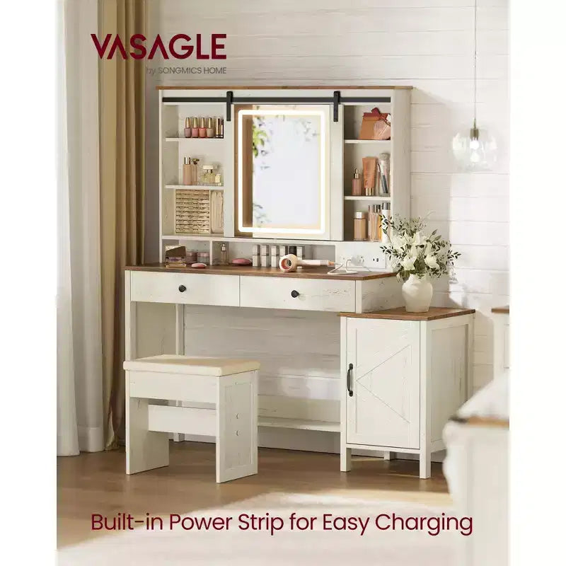 Coiffeuse de ferme avec miroir coulissant et station de charge, table de maquillage de 100 cm avec tabouret et rangement pour bijoux, blanc rustique