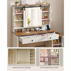 Coiffeuse de ferme avec miroir coulissant et station de charge, table de maquillage de 100 cm avec tabouret et rangement pour bijoux, blanc rustique