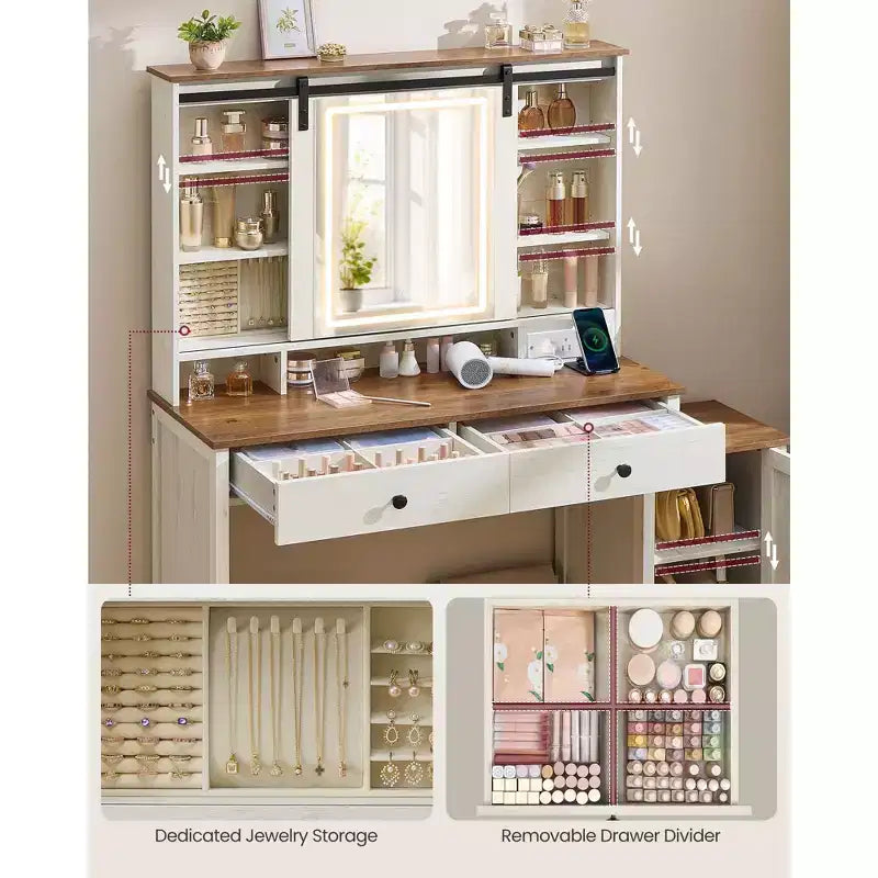 Coiffeuse de ferme avec miroir coulissant et station de charge, table de maquillage de 100 cm avec tabouret et rangement pour bijoux, blanc rustique