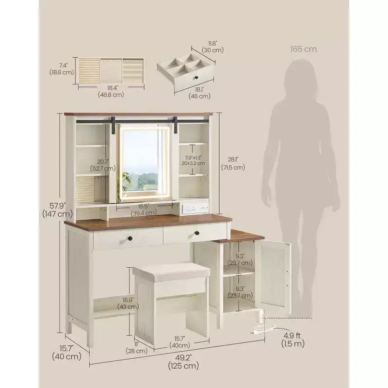 Coiffeuse de ferme avec miroir coulissant et station de charge, table de maquillage de 100 cm avec tabouret et rangement pour bijoux, blanc rustique