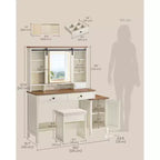 Coiffeuse de ferme avec miroir coulissant et station de charge, table de maquillage de 100 cm avec tabouret et rangement pour bijoux, blanc rustique