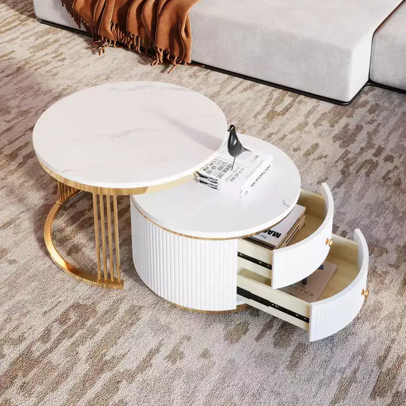 Tables basses gigognes rondes modernes blanches de 70 cm - Tiroirs intégrés