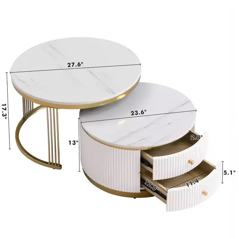 Tables basses gigognes rondes modernes blanches de 70 cm - Tiroirs intégrés