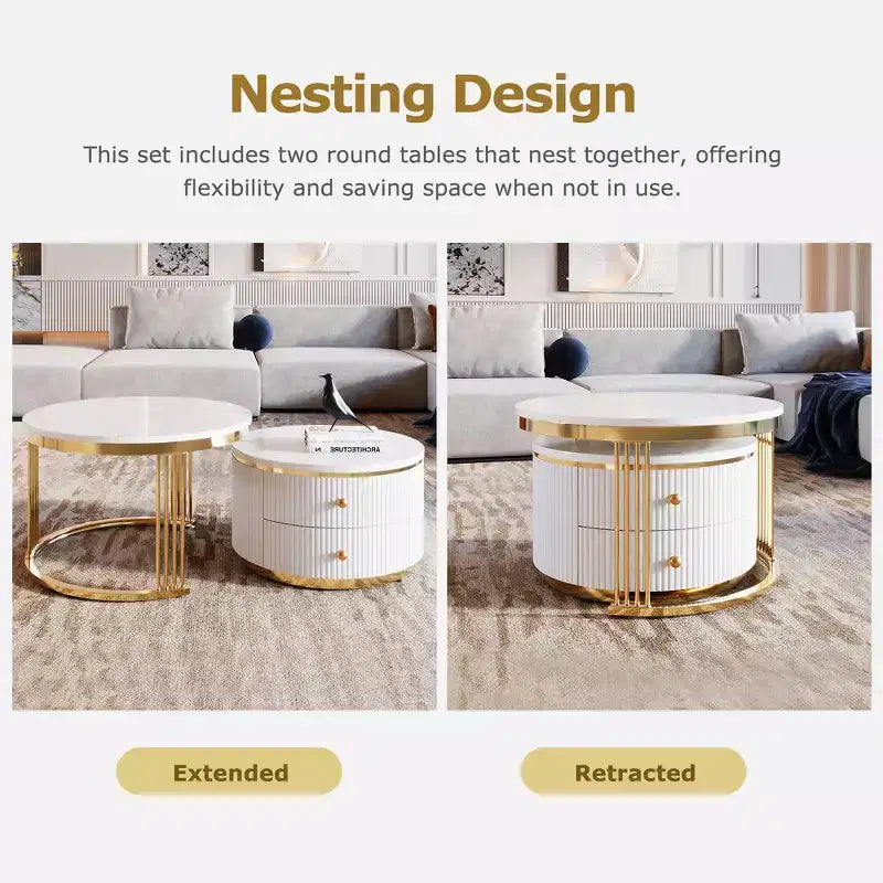 Tables basses gigognes rondes modernes blanches de 70 cm - Tiroirs intégrés