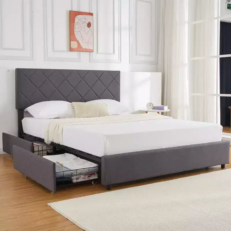 Queen Size Bed Frame with Adjustable Headboard, Upholstered Bed Frame with 4 Storage Drawers, Noise-Free, No Box Spring Needed