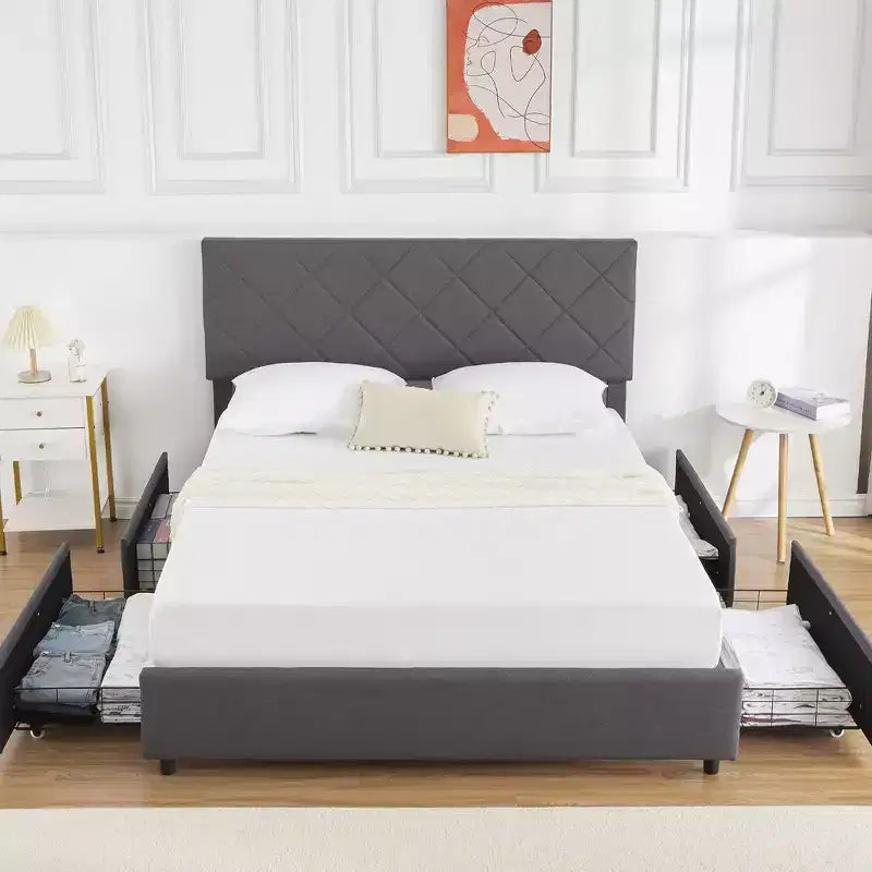 Cadre de lit Queen Size avec tête de lit réglable, cadre de lit rembourré avec 4 tiroirs de rangement, silencieux, pas besoin de sommier tapissier