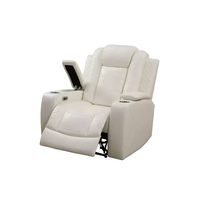 Fauteuil inclinable électrique en cuir avec chargement USB, rangement et porte-gobelet pour le salon, blanc