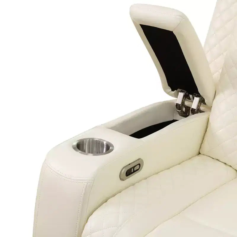 Fauteuil inclinable électrique en cuir avec chargement USB, rangement et porte-gobelet pour le salon, blanc