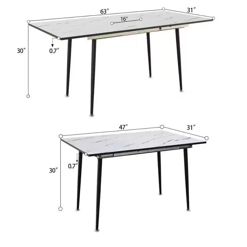 Table de cuisine carrée extensible 63 po pour 6 personnes, table à manger avec motif marbre, table pliante pour salle à manger, salon, blanc