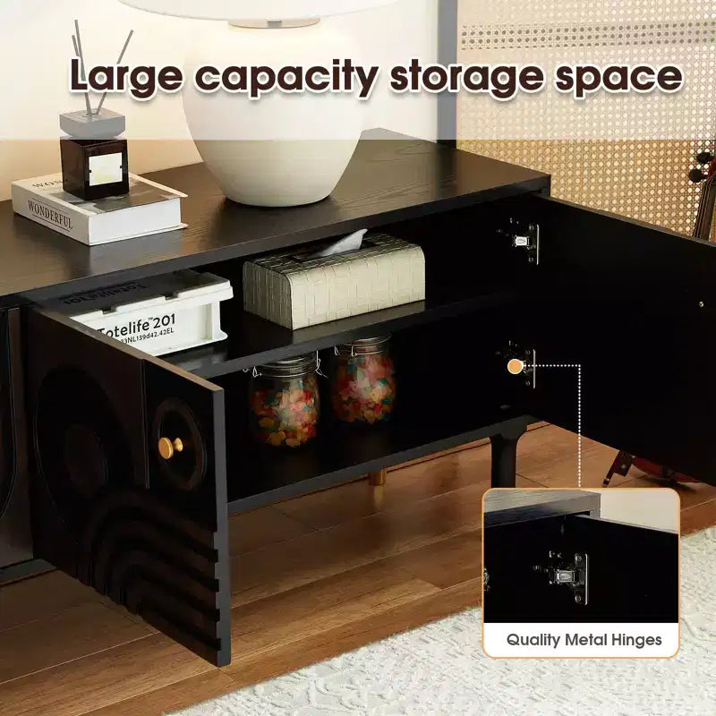 Meuble TV scandinave, Meuble TV moderne avec 4 placards, Meuble de divertissement en bois pour TV de plus de 55 pouces, Meuble TV minimaliste pour salon