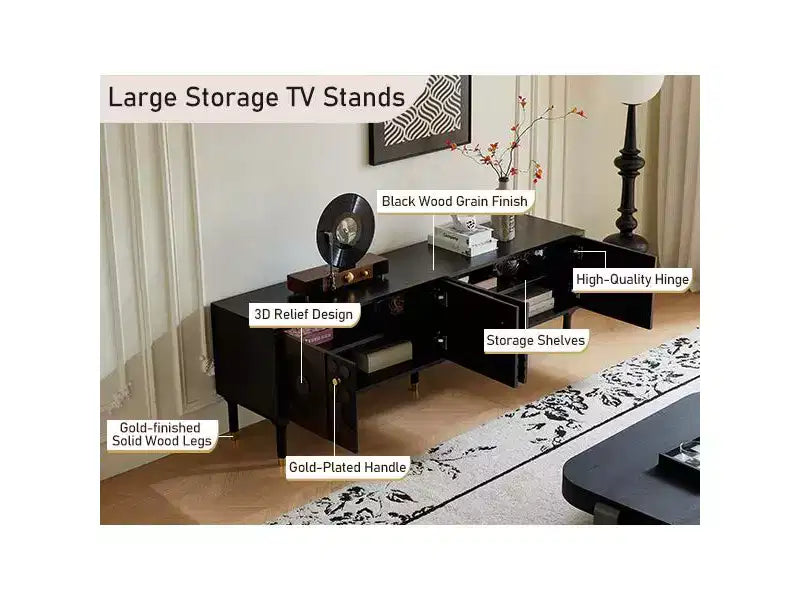 Meuble TV scandinave, Meuble TV moderne avec 4 placards, Meuble de divertissement en bois pour TV de plus de 55 pouces, Meuble TV minimaliste pour salon