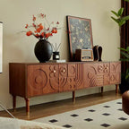Meuble TV scandinave, Meuble TV moderne avec 4 placards, Meuble de divertissement en bois pour TV de plus de 55 pouces, Meuble TV minimaliste pour salon