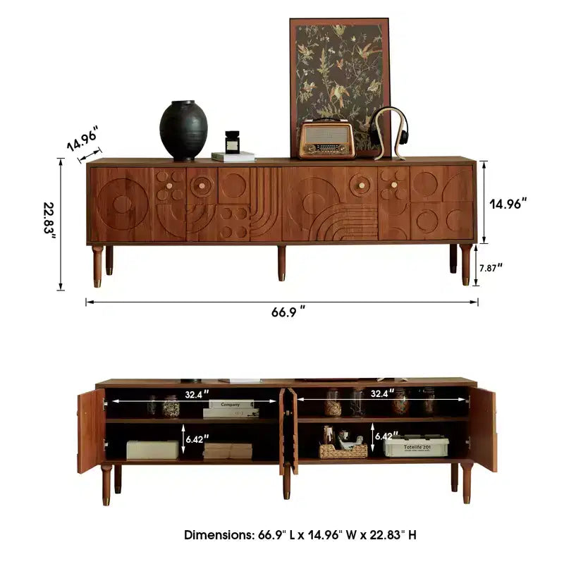 Meuble TV scandinave, Meuble TV moderne avec 4 placards, Meuble de divertissement en bois pour TV de plus de 55 pouces, Meuble TV minimaliste pour salon
