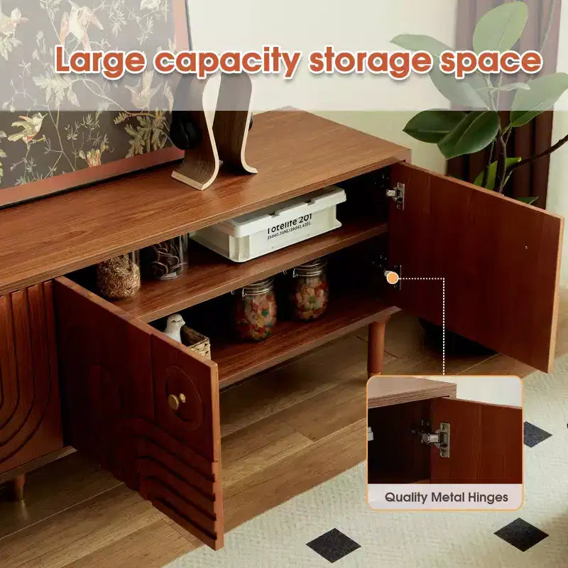 Meuble TV scandinave, Meuble TV moderne avec 4 placards, Meuble de divertissement en bois pour TV de plus de 55 pouces, Meuble TV minimaliste pour salon