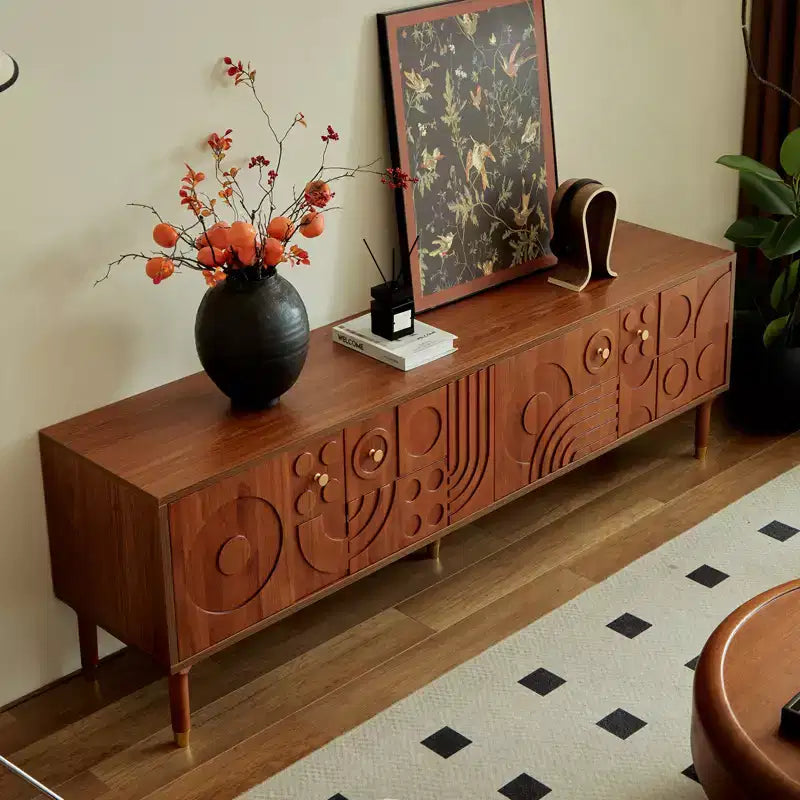 Meuble TV scandinave, Meuble TV moderne avec 4 placards, Meuble de divertissement en bois pour TV de plus de 55 pouces, Meuble TV minimaliste pour salon