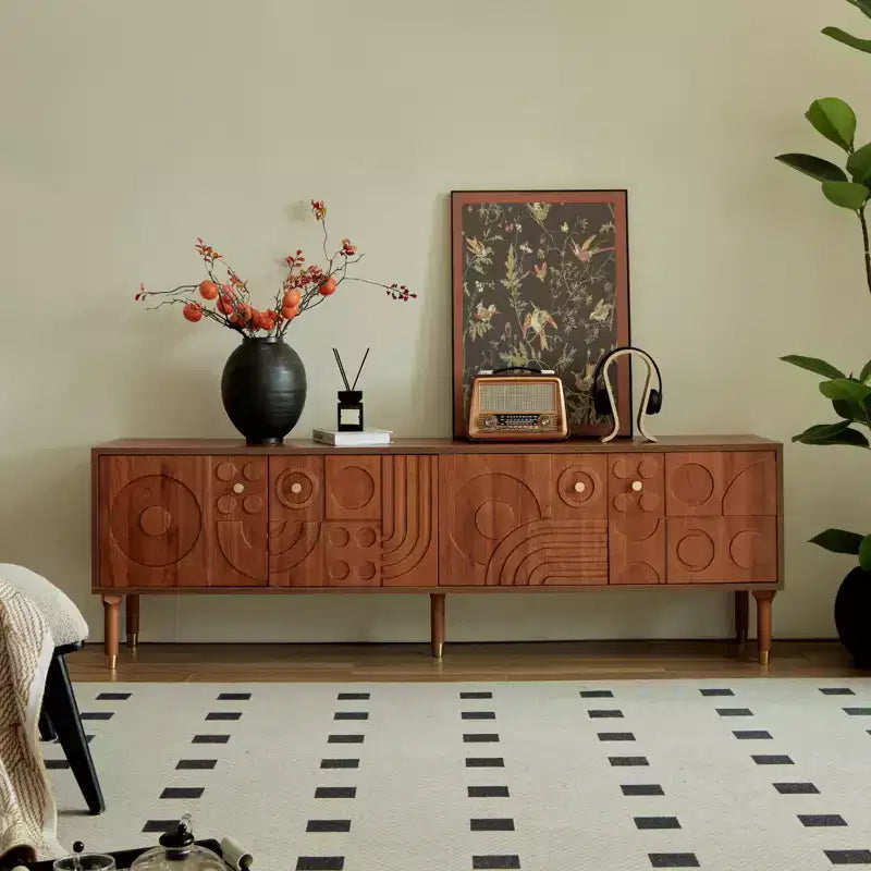 Meuble TV scandinave, Meuble TV moderne avec 4 placards, Meuble de divertissement en bois pour TV de plus de 55 pouces, Meuble TV minimaliste pour salon