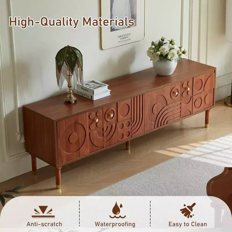 Meuble TV scandinave, Meuble TV moderne avec 4 placards, Meuble de divertissement en bois pour TV de plus de 55 pouces, Meuble TV minimaliste pour salon