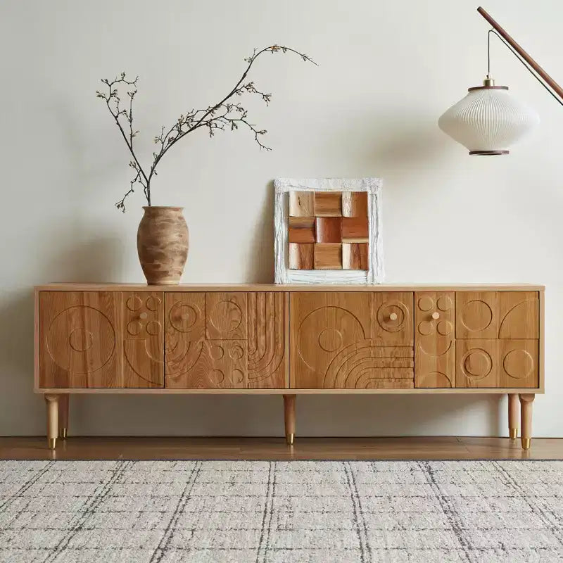 Meuble TV scandinave, Meuble TV moderne avec 4 placards, Meuble de divertissement en bois pour TV de plus de 55 pouces, Meuble TV minimaliste pour salon